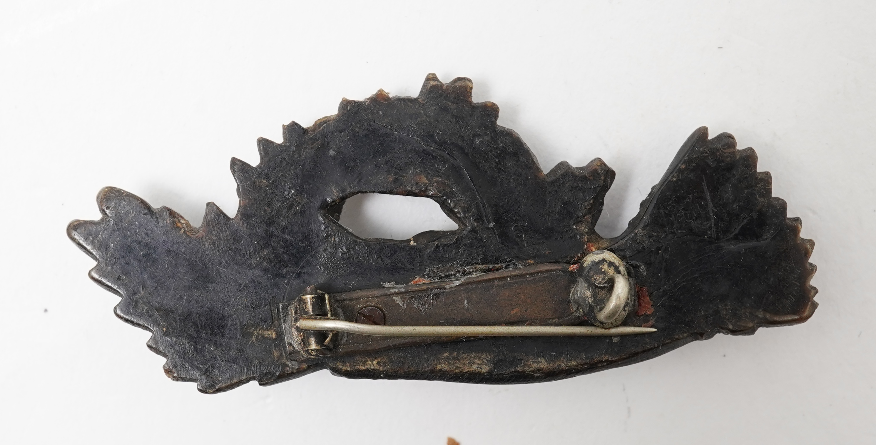 A collection of jewels, comprising: a moulded bog oak brooch depicting a hand holding a posy, length 7.4cm; a carved jet brooch depicting a Gothic ruin, possibly part of Whitby Abbey; a necklace composed of polished pane